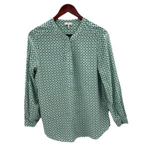 Joie Green Geometric Print Silk Long Sleeve Popover Top Blouse